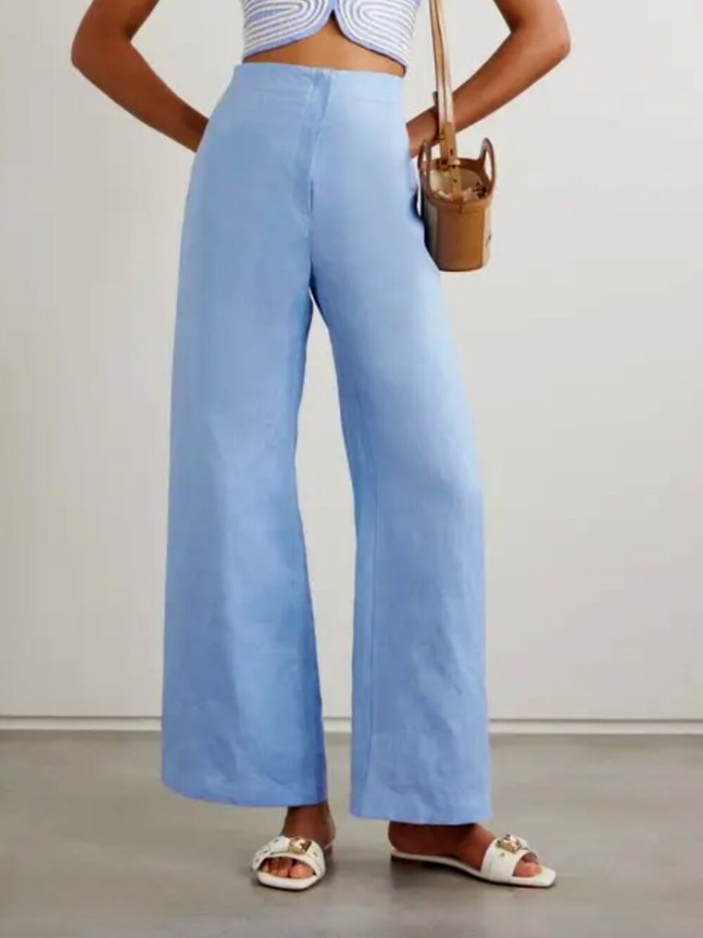 Sky Blue Wide-Leg Linen-Blend Pants